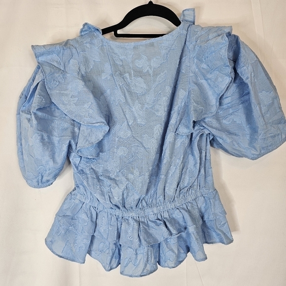 DEREK Lam 10 Crosby sky blue peplum in size 4 raised floral print ruffles V-neck - Picture 4 of 5